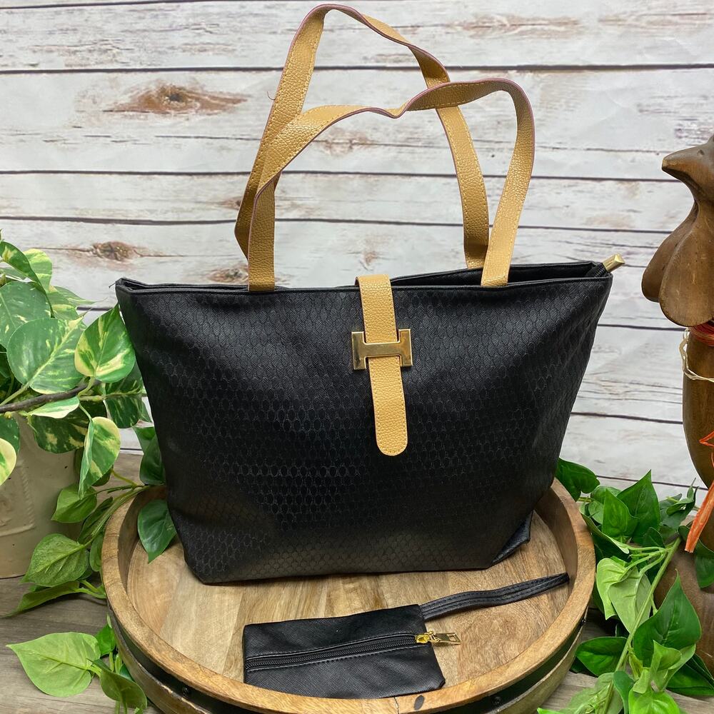 BLACK TEXTURED Tote Bag Matching Coin Key Pouch Purse Casual Collapsible
